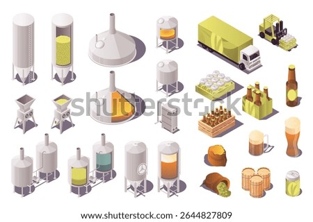 Brewery factory 3d isometric set. Collection isolated flat elements of fermentation, distillery and other machinery, beer industry production, bottles, truck distribution, more. Vector illustration.