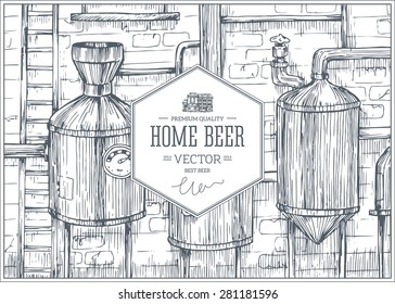 Brewery Factory Background. Lineart sketch graphic. Vector illustration