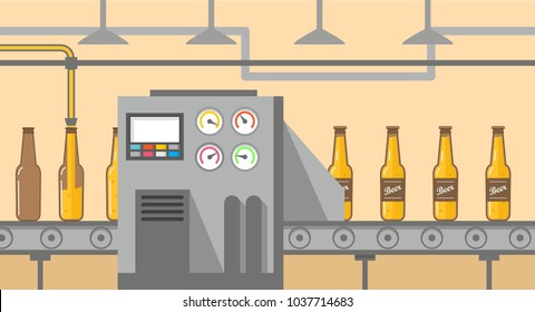 Brewery factory production line pouring alcoholic drink in glass bottles.Conveyor automatic product line.Linear flat vector business concept.Light beer.Packing of  craft light  beer.