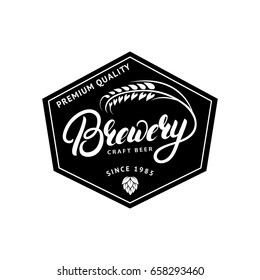 Brewery hand drawn lettering logo, label, badge, emblem with ear of wheat. Vintage retro style. Isolated on background. Vector illustration.