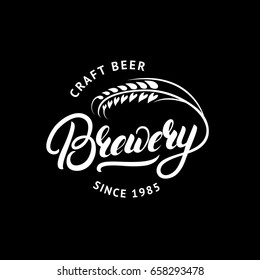 Brewery hand drawn lettering logo, label, badge, emblem with ear of wheat. Vintage retro style. Isolated on background. Vector illustration.