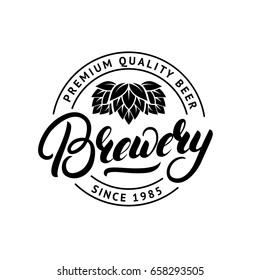 Brewery hand drawn lettering logo, label, badge, emblem with hop. Vintage retro style. Isolated on background. Vector illustration.