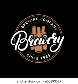Brewery hand drawn lettering logo, label, badge, emblem with beer bottles. Vintage retro style. Isolated on background. Vector illustration.