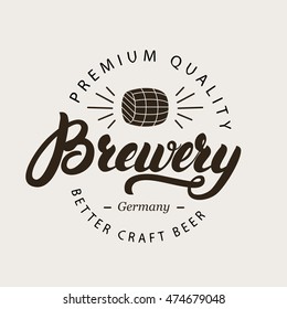 Brewery hand written calligraphy lettering logo, badge, label or emblem with barrel of beer. Template logotype. Vector illustration.