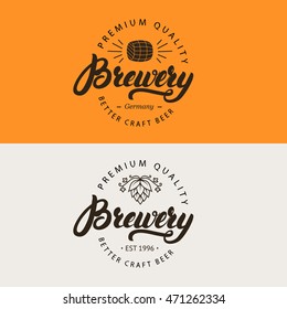 Brewery hand written lettering logo, label, emblem for beer house, bar, pub, brewing company, brewery, tavern. Vector illustration.