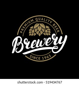 Brewery hand written lettering logo, label, badge template with hop for beer house, bar, pub, brewing company, tavern, wine whiskey market. Isolated on black background. Vector illustration.