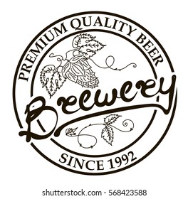 Brewery hand written lettering logo, label, badge template with hop for beer house, bar, pub, brewing company, tavern. White background. Vintage style. Vector illustration.
