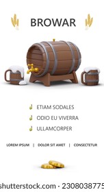 Brewery home page template. Site header, menu and bottom. List with edited text. Design with 3D elements. Wooden barrel, beer mugs, grain, hops. Ready made illustration for designing page