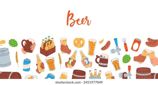 Brewery horizontal banner. Metal keg, bottle opener, sausages, beer tap, glass, mug, bottles. Brewing process, brewery factory. Vector illustration.