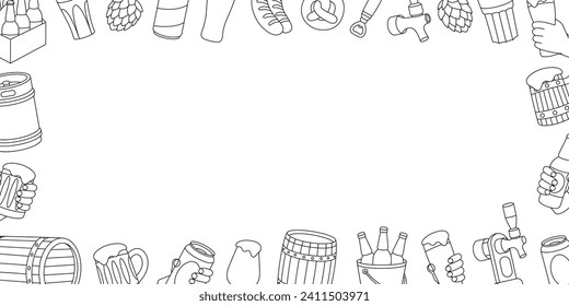 Brewery horizontal outline banner. Wooden barrels, cans, glasses, mugs, metal keg, bottle opener, sausages, tap, hop cone. Brewery factory production.