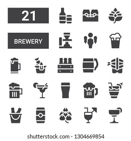 brewery icon set. Collection of 21 filled brewery icons included Cocktail, Cocktails, Hop, Beer, Beer tap, Beers