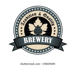 Brewery icon for tradition and quality logo with a circular frame enclosing the text and a hop on leaves superimposed with a ribbon banner saying Brewery in grey on white