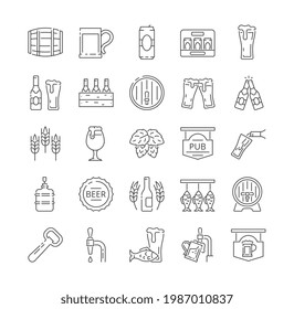 Brewery icons collection. Beer Bottle, Glass, Barrel, Keg, Mug, Six-pack. Pouring Beer from bottle and tap into glasses. Set of outline flat vector illustrations isolated on white background