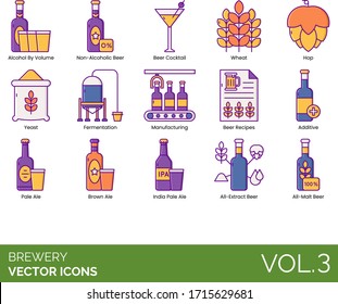 Brewery icons including alcohol by volume, non alcoholic beer, cocktail, wheat, hop, yeast, fermentation, manufacturing, recipes, additive, pale ale, brown, indian, ipa, all-extract, all-malt.