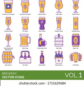 Brewery icons including american pint glass, imperial, pilsner, tulip, thistle, chalice, IPA, stout, weizen, stange, teku stemmed beer, mug, boot, keg, can, barrel, six pack, bottle, bucket, craft.