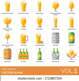 Brewery icons including american pint glass, imperial, pilsner, tulip, belgian, thistle, goblet, chalice, IPA, stout, weizen, stange, teku stemmed beer, mug, boot, keg, can, barrel, six pack, bottle.