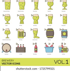 Brewery icons including american pint glass, imperial, pilsner, tulip, thistle, goblet, IPA, stout, weizen, stange, teku stemmed beer, mug, boot, keg, can, barrel, six pack, bottle, bucket, craft.