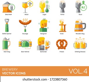 Brewery icons including black malt, mead, lager, porter, stout, bottle opener, sausage, hangover, kwak, wooden mug, stein, beer helmet, bartender, pretzel, clinking glasses.