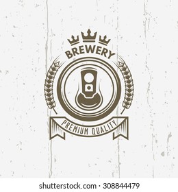 Brewery Isolated Vector Vintage Label On Background With Grunge Texture, Beer Can Top View, Ribbon With Text, Branch Wheat And Crown