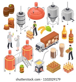 Brewery isometric elements set with barley grain hops malting boiling fermentation bottling aging transportation isolated vector illustration 