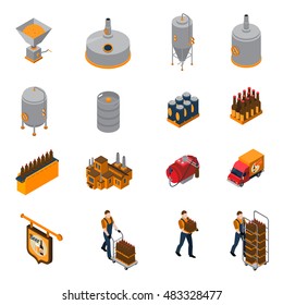 Brewery Isometric Icons Set With Beer Production And Distribution Symbols Isolated Vector Illustration 