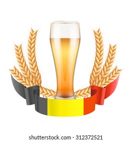 Brewery Label with beer glass and flag of Belgium. Vector Illustration isolated on white background.