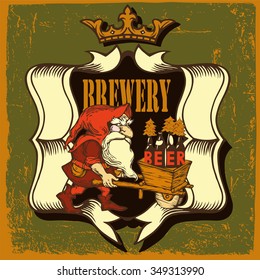Brewery label design with Santa,beer bottles,New Year Trees,ribbons and crown on vintage background.Beer label for brasserie restaurant with Santa.