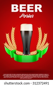 Brewery Label Glass with dark beer Porter and grain malt. Poster and background. Vector Illustration.
