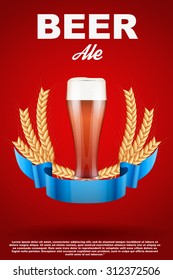 Brewery Label Glass with red beer Ale and grain malt. Poster and background. Vector Illustration.