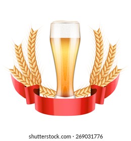 Brewery Label with light beer glass and grain malt. Vector Illustration isolated on white background.