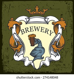 Brewery label with ribbon,crown,text, beer mug,armor on vintage background. Brewery label design.