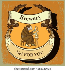 Brewery label with ribbon,men,text, brewery,armor on vintage background. Brewery label design.Vintage style.