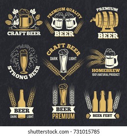 Brewery labels isolate on dark background. Badges template with place for your text. Alcohol badge drink, vintage premium pub, vector illustration