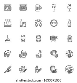 Brewery line icons set. Craft beer production linear style symbols collection, Pub and bar outline signs pack. vector graphics. Set includes icons as lager beer bottle, pint glass, wood barrel, ale