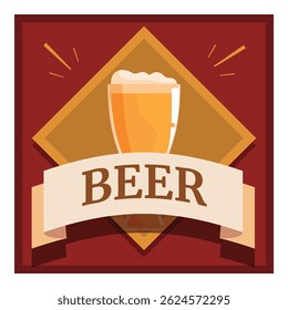 Brewery logo featuring a glass of beer with foam, placed on a red background with a ribbon and a diamond shape