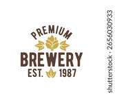 Brewery logo with hops and vintage layout. Great for beer branding, brewery packaging, pub signage, and beverage labels. Suitable for alcohol-related design. Vector illustration.