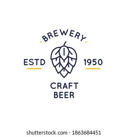 Brewery logo isolated on white background. Craft Beer label, badge, emblem with hop icon. Trendy hipster design. Pub, Bar, Restaurant emblem template. Vector illustration