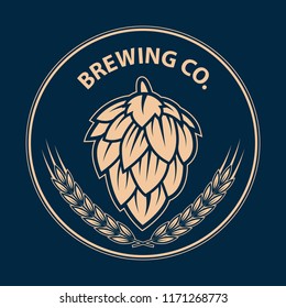 Brewery logo, label, badge template with hop for beer house, bar, pub, brewing company. Dark background. Vintage style. Vector illustration.
