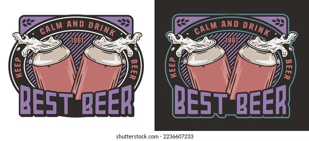 Brewery logo with metal can and splashes foam for label or print. Brew emblem or craft beer logo with aluminium tin and froth for bar, pub or brewery shop.