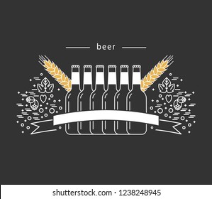 Brewery logo, pub icon, beer bar sign. Beer bottles with ribbon, wheat and hop texture. Vector design element.