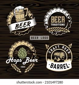 Brewery logos. Set beer logo on caps - vector illustration, brewery emblem design on dark wood background. Beer mug logo, barrels, hops, malt, wheat, vector illustration, vintage, retro pub