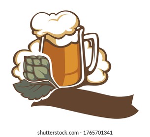 Brewery logotype, beer poured in glass, alcoholic beverage with foam on top. Emblem with copy space in ribbon, hops and liquid. Alcohol production or brewing company logotype vector in flat style