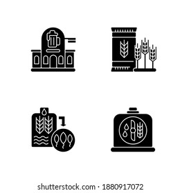 Brewery manufacture black glyph icons set on white space. Pub establishment. Malted barley for industrial production. Beer brewing manufacture process. Silhouette symbols. Vector isolated illustration