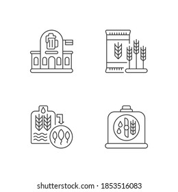 Brewery manufacture pixel perfect linear icons set. Pub establishment. Malted barley for production. Customizable thin line contour symbols. Isolated vector outline illustrations. Editable stroke