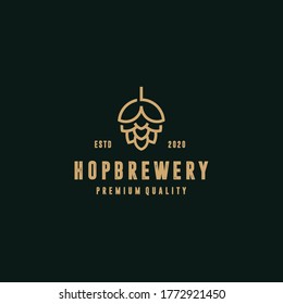 Brewery minimalist logo design, label, badge, emblem with hop. Craft Vintage retro style. Isolated on background. Vector icon illustration.