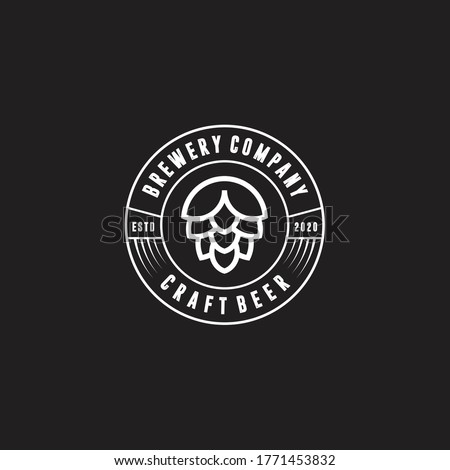 Brewery minimalist logo design, label, badge, emblem with hop. Craft Beer Vintage retro style. Isolated on background. Vector icon illustration.