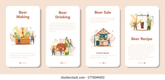 Juego de banners de aplicación móvil de cervecería. Producción de cerveza artesanal, proceso de elaboración. depósito de cerveza de barril, taza de cosecha y botella llena de alcohol. Ilustración vectorial aislada