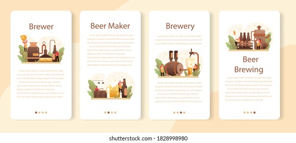 Brewery mobile application banner set. Craft beer production, brewing process. draught beer tank, vintage mug and bottle full of alcohol drink. Isolated vector illustration