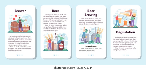 Brewery mobile application banner set. Craft beer production, brewing process. Draught beer tank, vintage mug and bottle full of alcohol drink. Isolated vector illustration