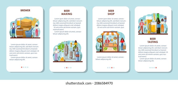 Brewery mobile application banner set. Craft beer production, modern brewing process. Beerhouse technology for barleys and hops processing into an alcoholic drink. Flat vector illustration